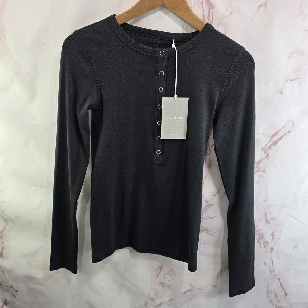 Everlane Shirt Womens Black Micro Luxe Rib Long Sleeve Henley Pima Supima - Picture 2 of 10
